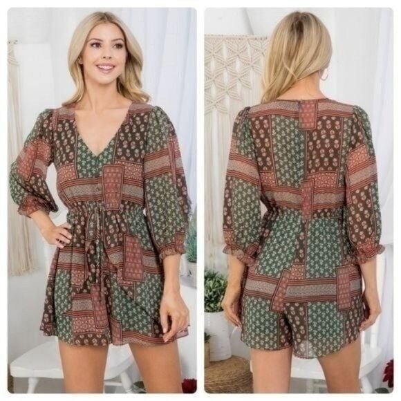 Boho Long Sleeve Patchwork Print Romper W/ Drawstring Waist & V-Neckline-NEW - Picture 1 of 7